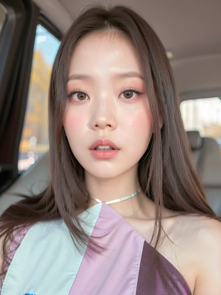hay una mujer con pelo largo y un vestido morado, ulzzang, inspirado en Sim Sa-jeong, inspirado en Yanjun Cheng, retrato realista kawaii, pale korean adorable face, 8k selfie photography, Retrato suave 8 K, yanjun chengt, maquillaje popular de corea del sur, obra de arte al estilo de guweiz, jaeyeon nam, black hair, black pink, jennie of black pink,