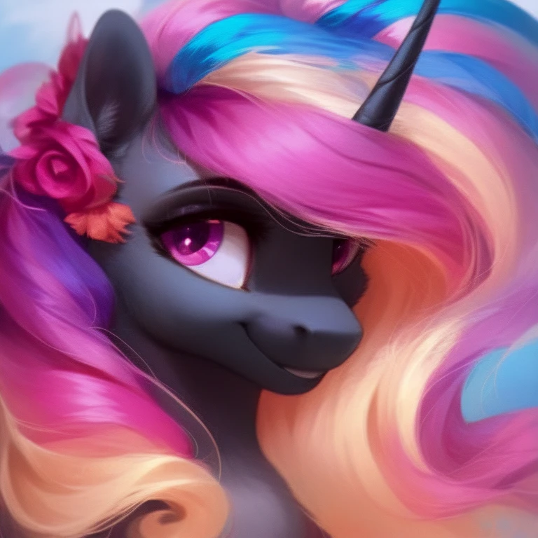 score_9,rating_suggestive, feral unicorn, black mare with a long curly , blue, purple, and pink mane with, pink eyes, feminine features, very long mane, flowing mane, cute pony face, smile, portrait, intricate details, soft gradient shading, curly mane,