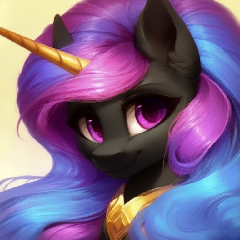 score_9,rating_suggestive, feral unicorn, black mare with a long curly , blue, purple, and pink mane with, pink eyes, feminine features, very long mane, flowing mane, cute pony face, smile, portrait, intricate details, soft gradient shading, curly mane,