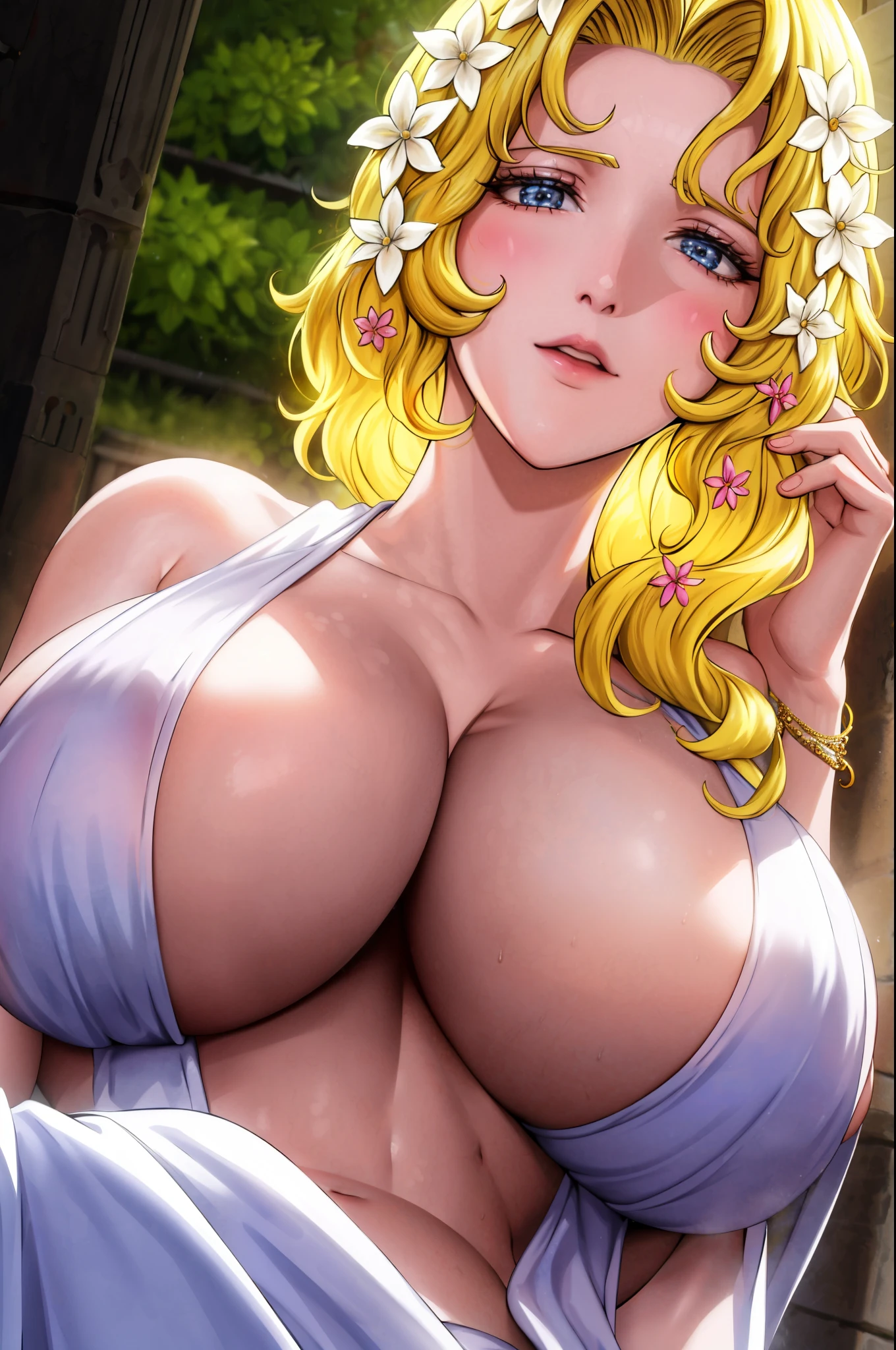 aphroditeS, 1 girl, blonde hair, blue eyes, huge breasts, traditional white greek clothing, cleavage barely covers her nipples, flower in hair, golden brand in arms, gold bracelet on one wrist, neckale, sitting on throne, close up,
masterpiece, best quality, highres, looking at viewer, (Light_smile:0.3), extremely detailed CG unity 8k wallpaper, perfect lighting,Colorful, (masterpiece:1.0),(best_quality:1.0), ultra high res,4K,ultra-detailed, photography, 8K, HDR, highres, absurdres:1.2, Kodak portra 400, film grain, blurry background, bokeh:1.2, lens flare, (vibrant_color:1.2), (beautiful_face:1.5),(narrow_waist), 