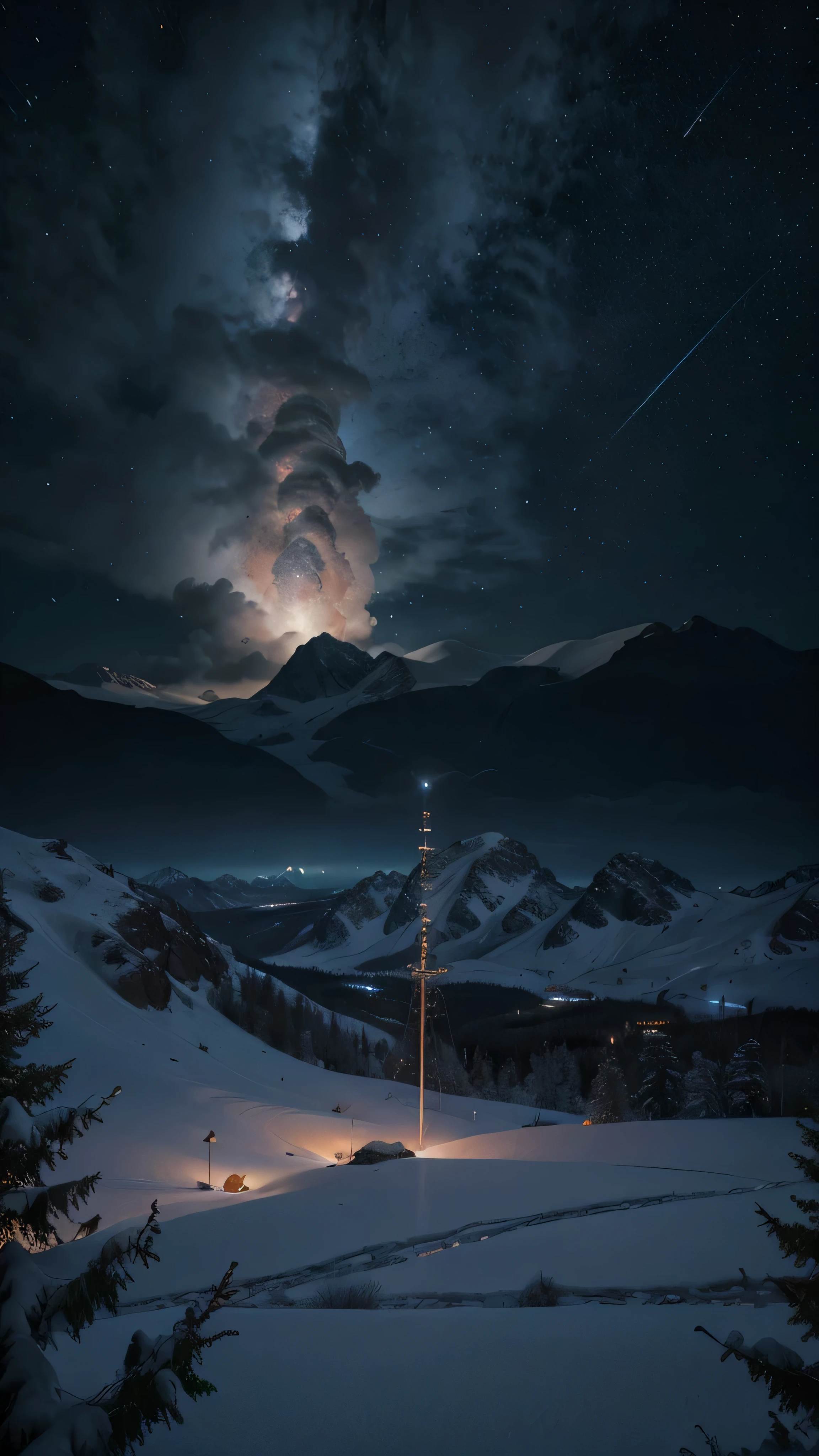 raw photo,, orange and white large transparent bioluminescent rose , white snowflakes around, snow-capped mountains and forests behind, Dark sky, nebula, galaxy, Focus, ultra-high quality, ultra-detailed Focus,, high detail, 8K, photorealistic, Dazzling, Rule of thirds, depth of field, complex parts, Conceptual art, bright colors, futuristic design, Attention to detail, grandeur and awe, A stunning visual masterpiece, hard light,