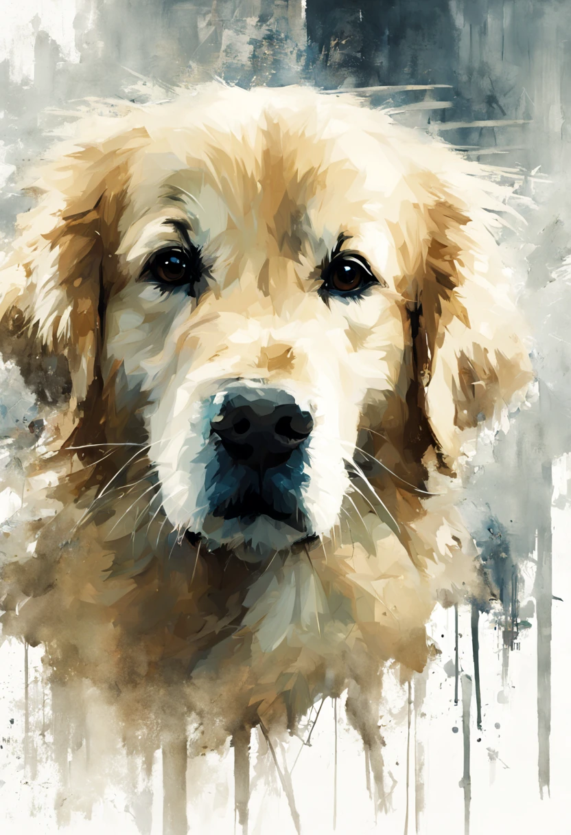 Adorable Golden retriever, minimalistic digital artwork with the influence Luis Miranda, jeremy mann, Jeffrey Catherine Jones, conceptual art, painting, illustration, photo