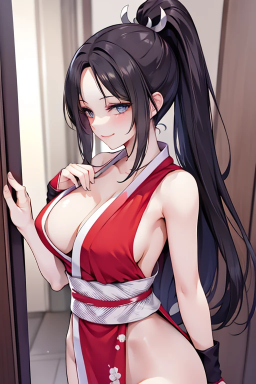 Black hair, blue eyes, large breasts, sexy, beautiful body, masterpiece, smile,japanese clothes(red color)