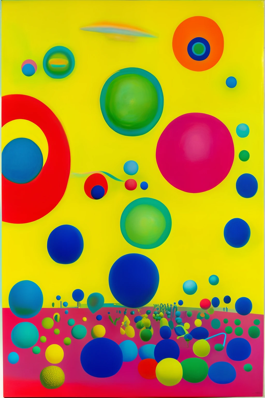 People landscape with orbs and toys and neon flowers. Models wearing weird fashion. Yellow, blue and green and red and ruby. Surreal painting. Style of de Kooning and 60s art.

