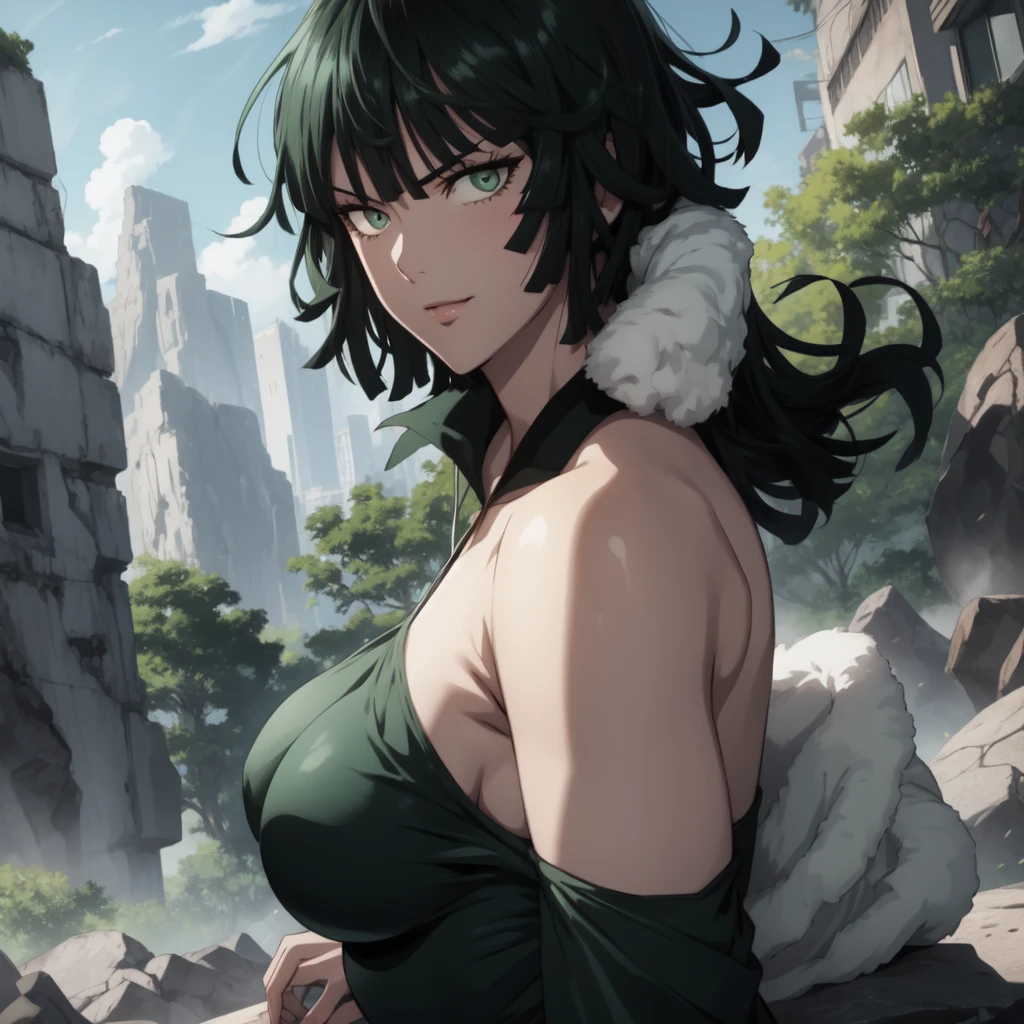 Anime art style, Fubuki from one punch man, green hair, white skin, wearing V-neck dress, sitting on destroyed rock, cinematic lights, blushing cheeks, evil smiling, detailed mid , big booty, , back view.