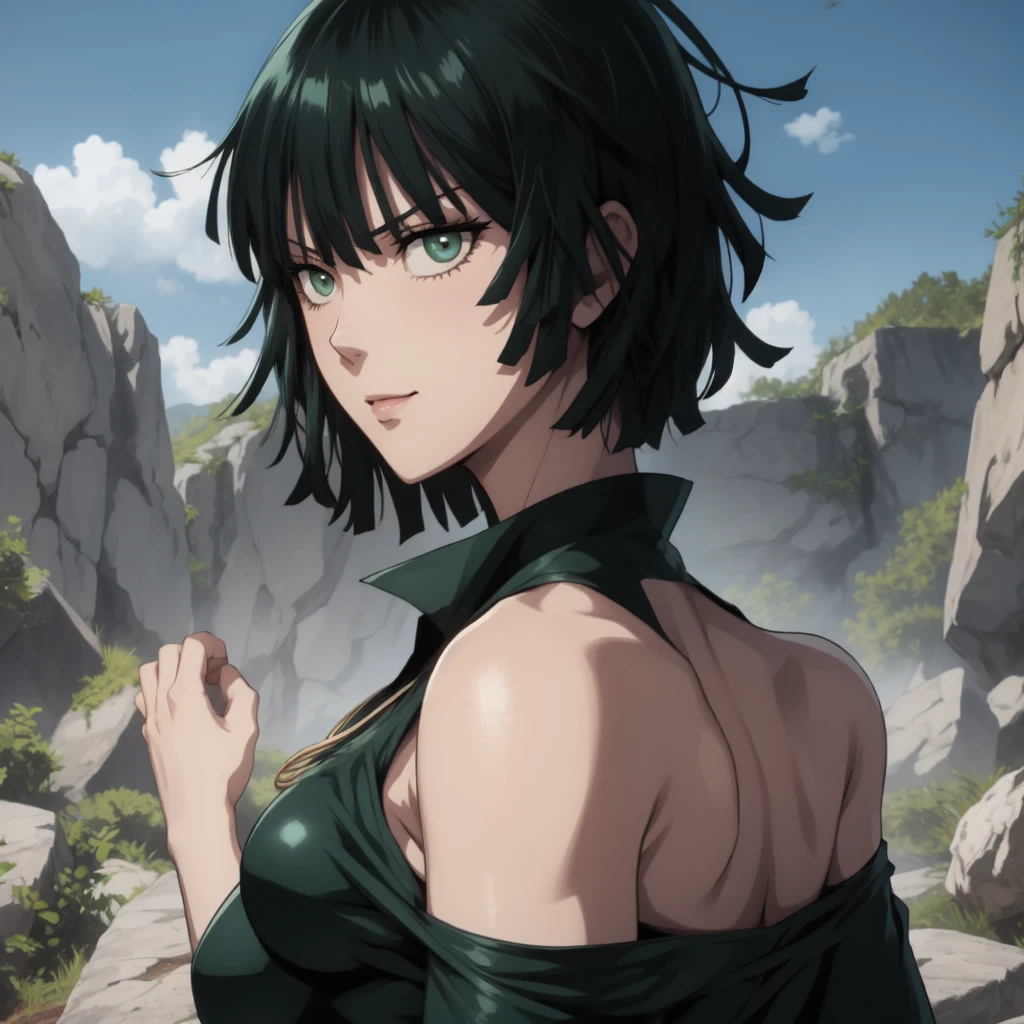 a woman in a black dress is posing for a picture, dark green hair, green eyes s, ear rings, sunset background, anime art style,