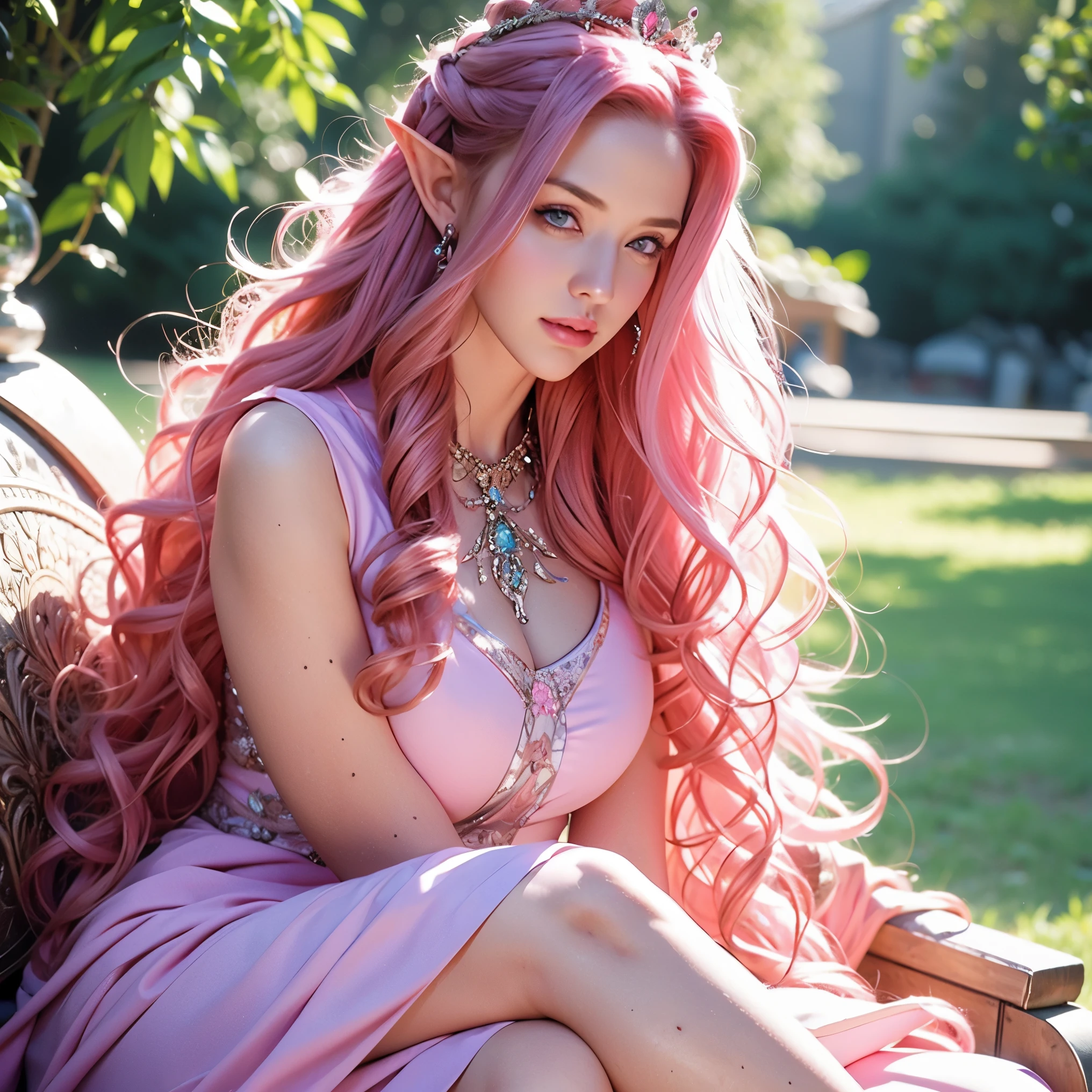Woman, long curly hair, pink hair, blue eyes, elf, crown, sitting, queen, looking at the view , Crossed leg