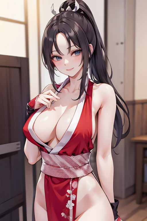 Black hair, blue eyes, large breasts, sexy, beautiful body, masterpiece, smile,japanese clothes(red color)