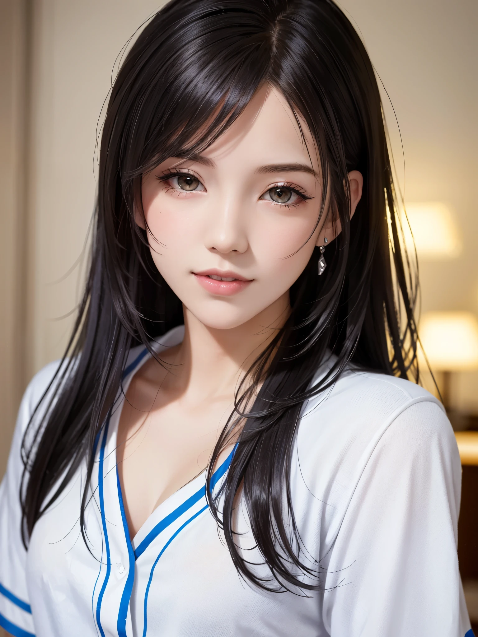 (top quality, masutepiece: 1.1), (Realistic: 1.3), BREAK (((FF7,Tifa_lockhart,solo))),kneeling,(wearing boyfriend's clothes:1.3,oversized baseball uniform:1.3),(her bedroom, indoor),(sexy pose:1.2),Ultra-detailed face, Detailed eyes,Red eyes, BREAK (((FF7,Tifa_lockhart))),(black brown hair, Large breasts: 1.0), BREAK (no bra),(Small and beautiful hard nipple),About 18 years old,kawaii,shy:1.1,happy, smiling,evil grin,aroused,