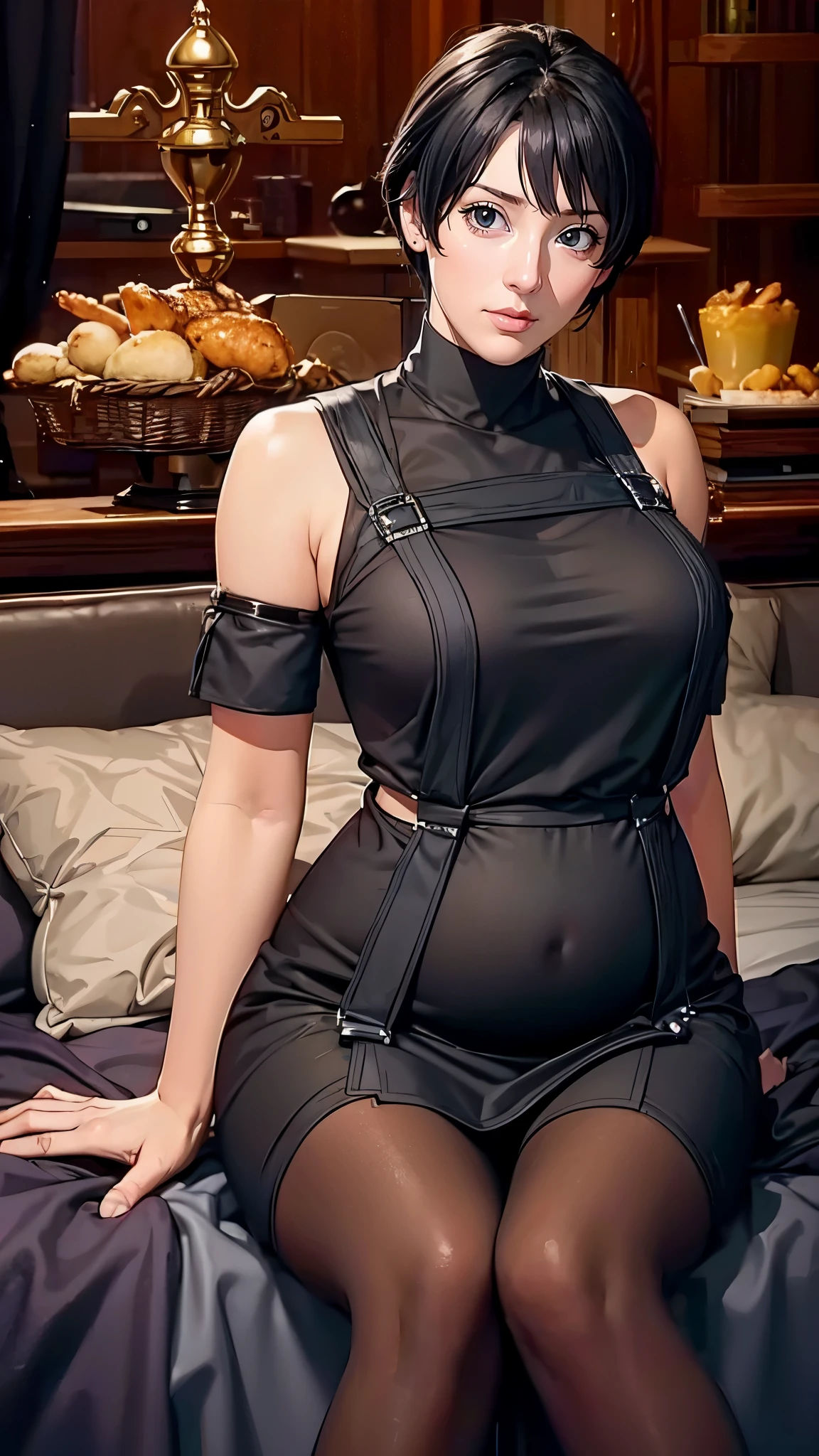 （（（Black turtleneck wool sweater，灰色Suspenders，(chicken), ((Suspenders)), （（（Kurotsuchi，short black hair，black pupils，Good-looking， ））），（（（wide hips））），S-shaped body:1.7））），((masterpiece)),high resolution, ((Best quality at best))，masterpiece，quality，Best quality，（（（ Exquisite facial features，looking at the audience,There is light in the eyes，lol，confidence ））），（（（Light and shadow interlace，huge ，））），（（（Detailed background（bedroom），correct limbs，sitting on bed，pregnant belly，pregnant belly，Pregnant women suffering from）））