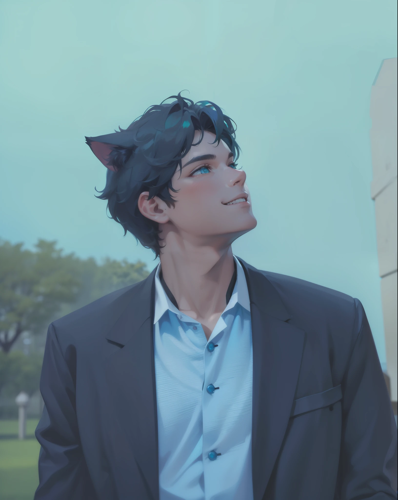 young guy, (handsome guy), long turquoise hair, turquoise eyes, cat ears, Smile, black coat and white shirt, Masterpiece, high quality