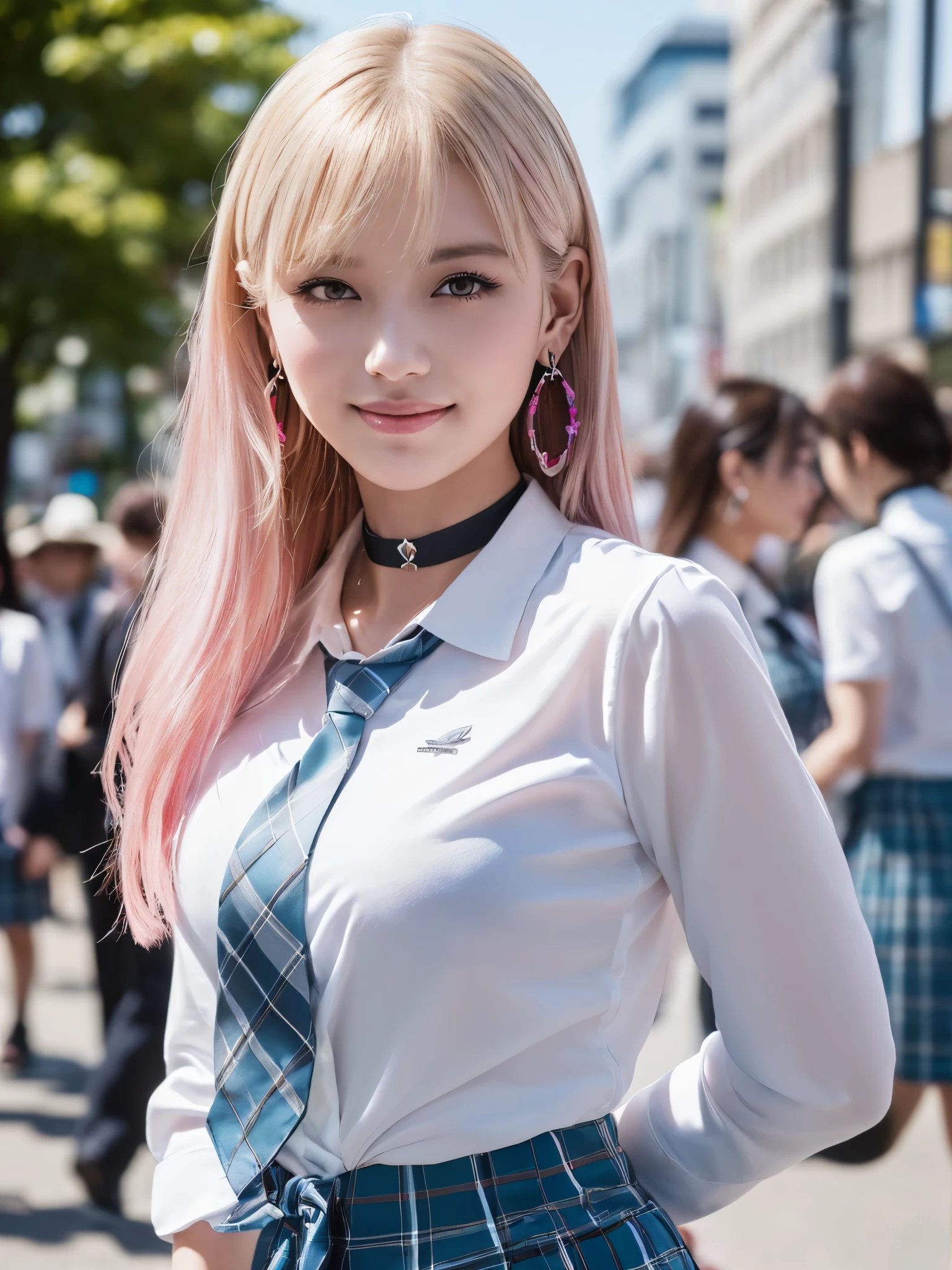 mix 4, (8K, RAW photo, highest quality, masterpiece: 1.45), (realistic, photorealistic: 1.37), I&#39;m up to my chest in the pool,Kitagawa Marine, (blonde hair:1.3, pink gradient hair:1.4), ((long straight hair:1.5, Sink bangs,colorful hair, red eyes,Natural makeup,pink eyeshadow)),((Height 164cm,Neck circumference 27.3cm,Bust 87cm,Under bust 68cm,Hip 85cm,Thigh circumference 93.8cm,Waist 59cm,Shoulder width 35cm,Arm circumference 22.9cm,79cm under the buttocks)),pose like a model, japanese woman, ************,high school student, beautiful face, beautiful eyes, , (((jewelry,earrings, white shirt, Tied shirts, black choker, blue tie, blue plaid skirt, ))), smile, cowboy shot, 1 girl, alone, detailed face and eyes, upper body photo. realistic, realistic.MarinGyaru,school_uniform、blue sky、Shibuya、Center Street、crowd
