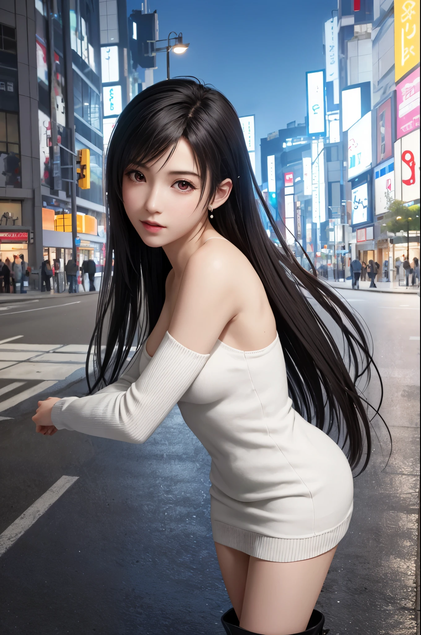 (top quality, masutepiece: 1.1), (Realistic: 1.3), (photoRealistic: 1.3), BREAK (((FF7,Tifa_lockhart))),(solo,Tifa:1.2),(loose knit sweater dress:1.3,oversized sweater:1.3,long sleeve:1.2,white),(short pants),(tight very long boots:1.2),(background big city,shibuya:1.1,night:1.3,neon:1.2),(gravure pose:1.3,nogizaka idol),Ultra-detailed face, Detailed eyes,Red eyes, BREAK (((FF7,Tifa_lockhart))),(black brown hair, Large breasts: 1.2), BREAK (no bra),(Small and beautiful hard nipple) , About 18 years old,kawaii,(face focus:1.0),sensual,zettai_ryouiki:1.1,looking at viewer,cowboy shot,behind wall