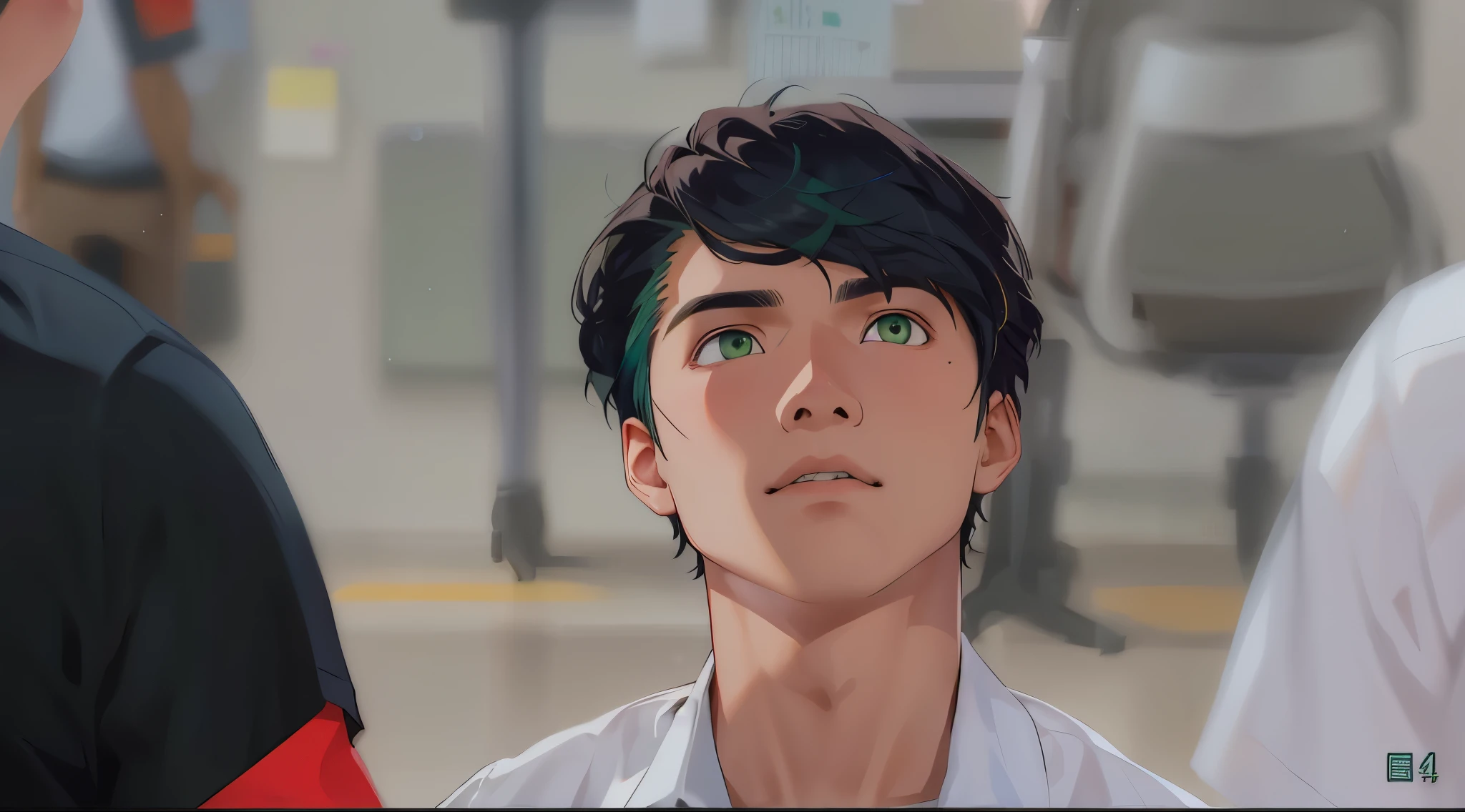 a group of 4 handsome young people of 14 years old in the school classroom are talking arguing worried talking about a dangerous plan they have green hair green eyes blue t-shirt