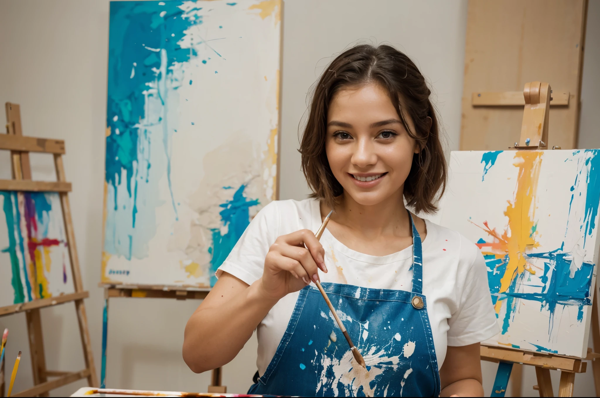 Youth 20~40 years old, A young woman, close up, in an art studio, her apron covered in paint splatters, holding a paintbrush, with an accomplished smile as she steps back to admire her finished canvas, detailed finger, hands, nails, perfect fingers, she doing art painting, realistic, 4k, occasion woman, human hands, human fingers, human nails, perfect nail,
