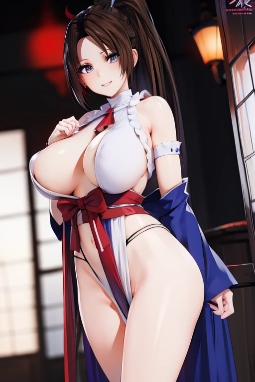Black hair, blue eyes, large breasts, sexy, beautiful body, masterpiece, smile,japanese clothes(red color)
