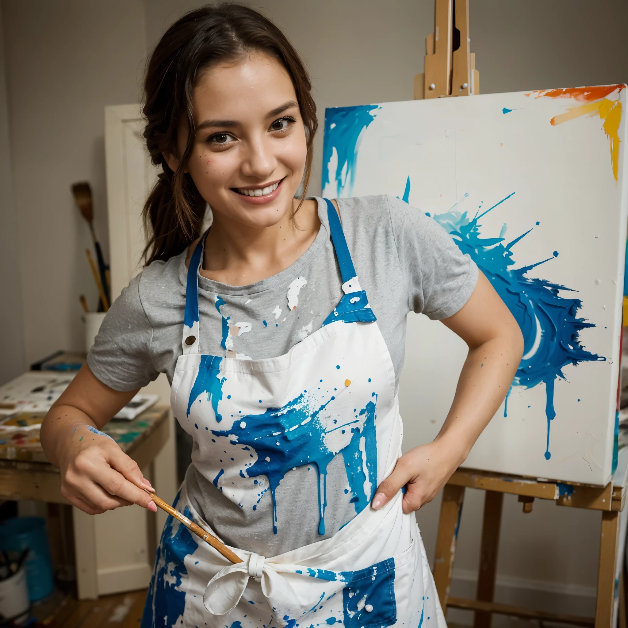 Youth 20~40 years old, A young woman, close up, in an art studio, her apron covered in paint splatters, holding a paintbrush, with an accomplished smile as she steps back to admire her finished canvas, detailed finger, hands, nails