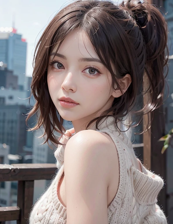 8K, RAW photo, highest quality, masterpiece, High-definition RAW color photos, professional photos, (realistic, photorealistic:1.37), (high definition skin:1.2), High resolution, beautiful and fine eyes, (hard focus:1.4), (sharp focus:1.4),
realistic , (8K UHD:1.2) , Optical Rare
High quality shadows,
Broke up_lips, narrow side,
(wavy hair), Half-up top knot, crown blade, Pink eye color, Thought-provoking appearance,
(Extreme face closeup), throw, (((Depth of bounds written))), white and glossy skin,
Cropped cowl neck sweater,
teenager in 30s,
bloomers,
rooftop,
Bokeh, Lens flare, (vignette:0.8), dramatic lighting, cinematic lighting, Backlight, professional lighting, Physically based rendering, Ulchan-6500-v1.1, Pueros face_v1.