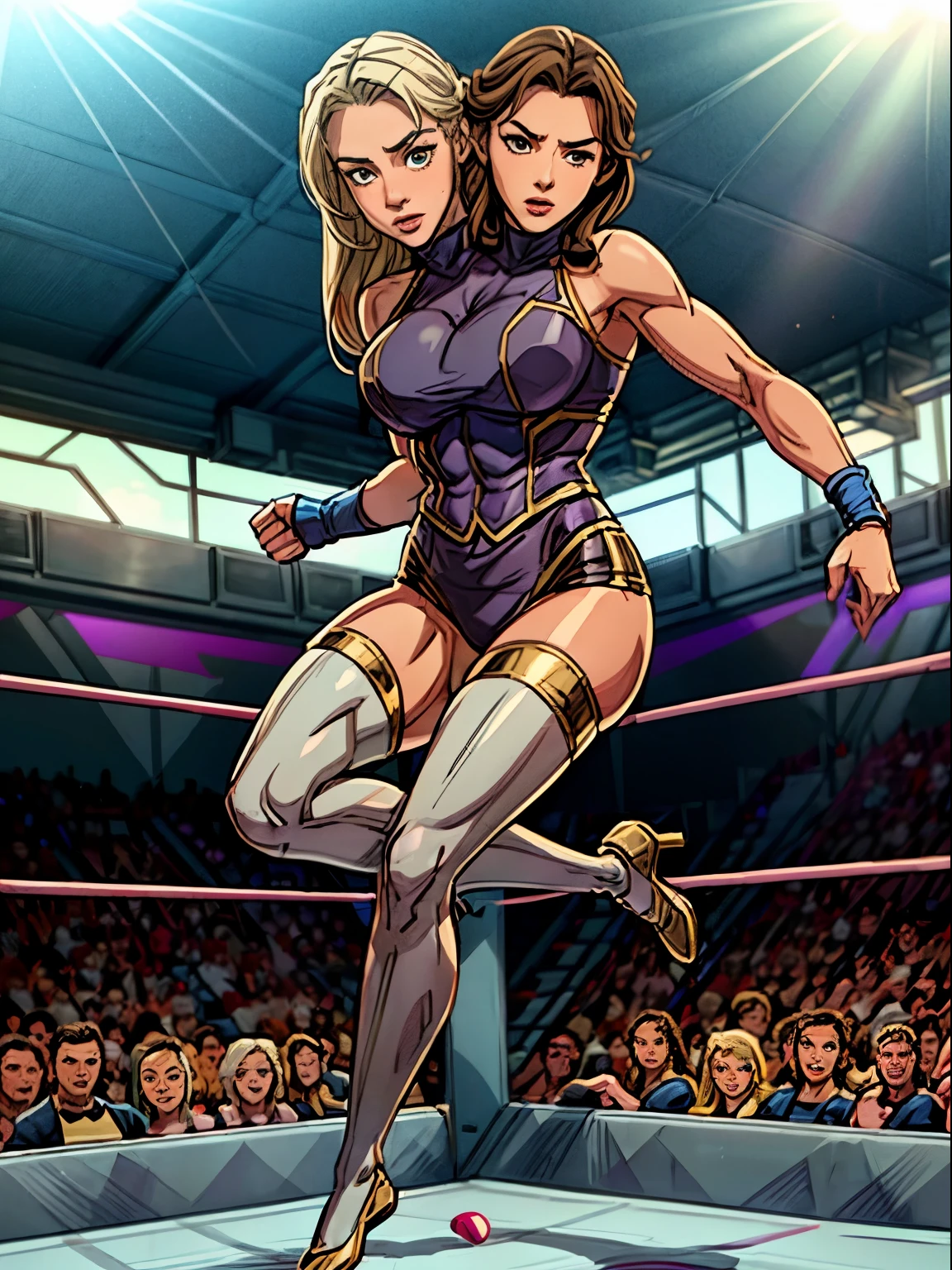 young woman professional jumping in the air for a wwe move- perfect (long legs: 1.5),This is a masterpiece of high quality, with photorealistic visuals and cinematic direction. ((1girl)), conjoined dicephalus,((2heads)),blonde, brunette, ((big bulge))