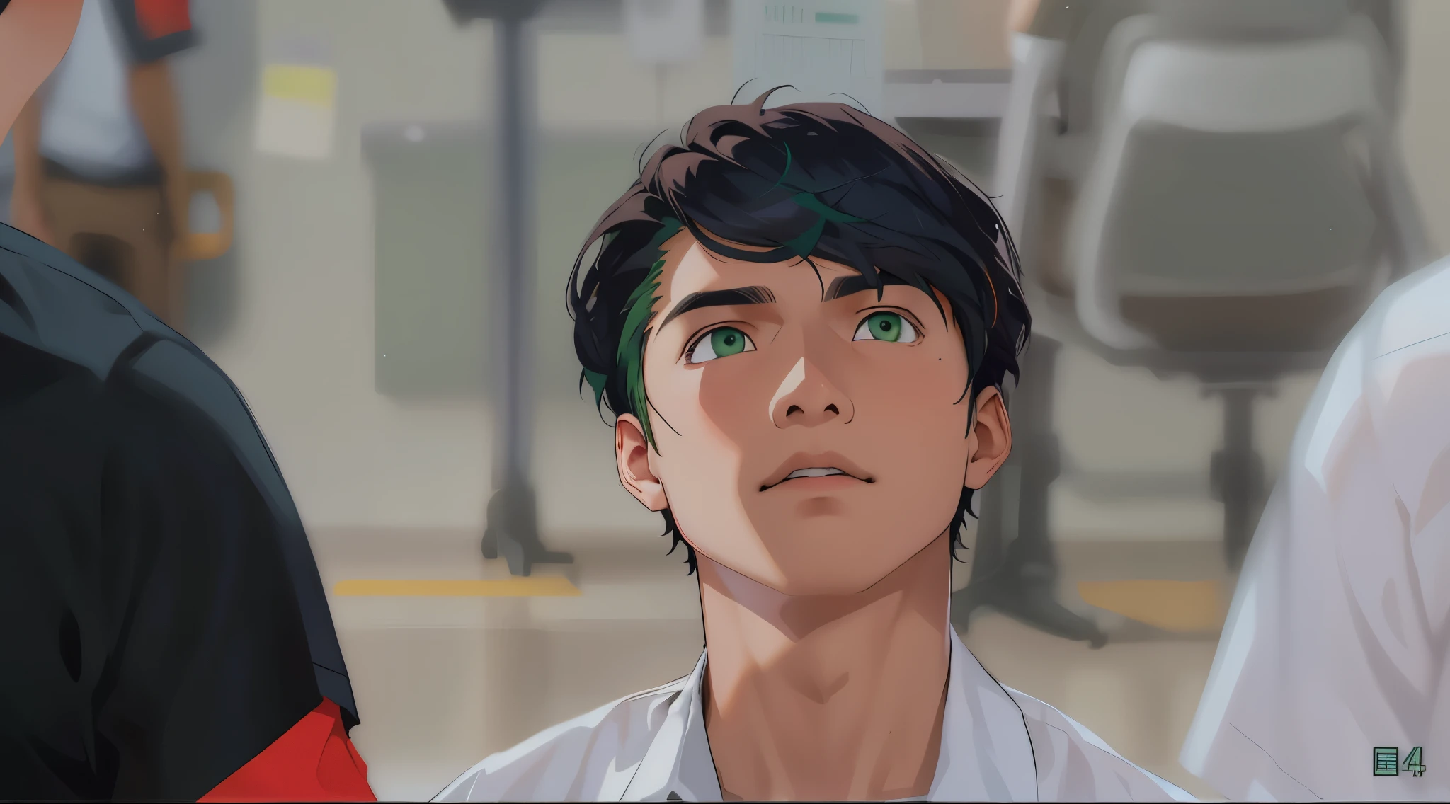 dark brown shirt a group of 4 handsome young people of 14 years old in the classroom at school they are talking arguing worried talking about a dangerous plan they have green hair green eyes blue t-shirt 