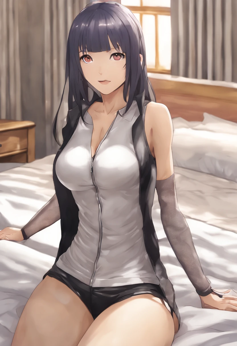 Masterpiece, highres, high Quality, detailed face, detailed body render, 1girl, solo, hyuuga hinata, hinata-sleeveless-outfit, large breasts, big breast, sleeveless shirt, fishnet top, dark lips, unzipped jacket, no bra, breasts out, nipple, standing, blushes, (on bedroom)
