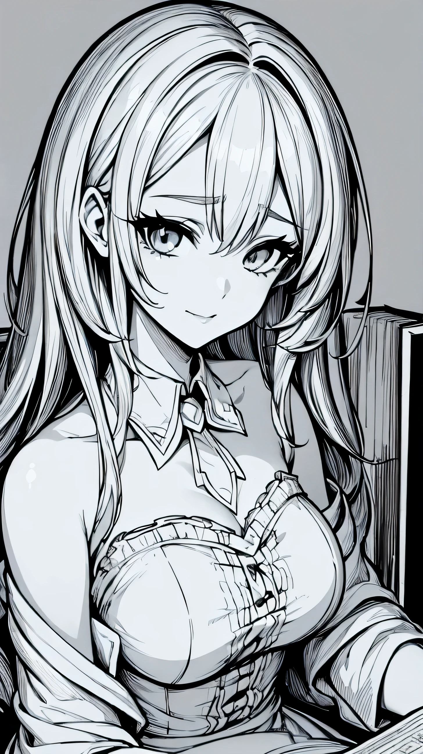 white background, thin black and white painting, high quality coloring books, white background, color no, No black, portrait, highest quality, wonderful high quality,1 girl, off shoulder white shirt, gray hairs, white tight skirt, white collar, gray hair, small breasts, looking up at a book, クローズアップsmall breasts, baby face, cute smile, high school girl, Tri-X, 85mm F1.2 lens, manga, close up of face, face portrait, Zoom up of the face, Upper body, wonderful,look straight down at the camera, slender body, extremely beautiful high school girl, study at the table
