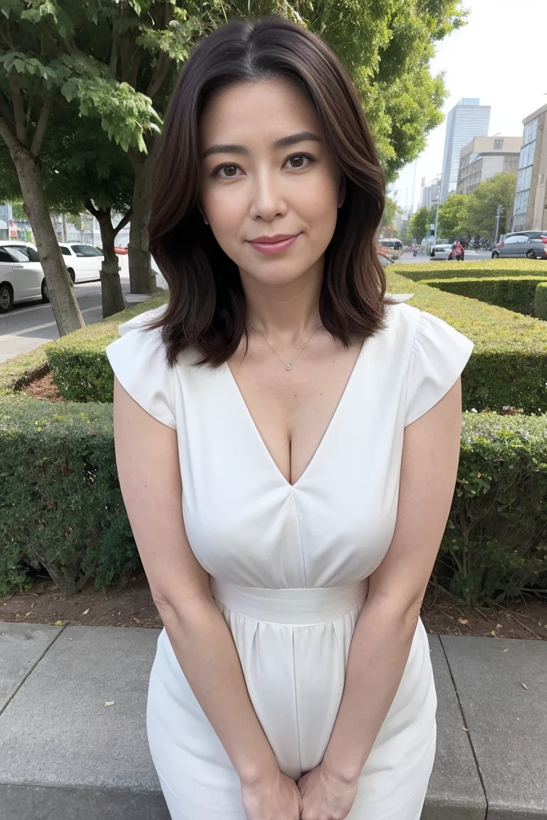 best quality, 8K, masuter cut, 逼真, Sharp Focus, high quality, high resolution, 独奏, Nude middle-aged woman, Nude beautiful woman, 45 years old, (the whole body of an Icelander), (Stand with the correct posture), Show your legs, Put your arms in front of your thighs, ((Very detailed and realistic face)), (Very detailed eyes), (Thick lips), ((Look at the viewer)), curvaceous body shape, Beautifully trimmed hair, cleavage, big breasts, Afternoon in front of the park