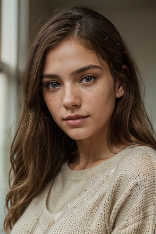 Beautiful brunette, freckles with blonde highlights wearing a beige sweater, highly detailed, 22 years old, , , innocent face, natural wavy hair, brown eyes, high resolution, Masterpiece, Best quality, Intricate high detail, Highly detailed, Sharp focus, Detailed skin, realistic skin texture, texture, detailed eyes, professional, 4k, charming smile, shot on Canon, 85mm, shallow depth of field, Kodak Vision Color, Perfect Fit Body , extremely detailed, photography_\(ultra\), Photorealistic, Realistic, Post-processing, maximum details, roughness, real life, ultra realistic, Photorealism, photography, 8k UHD, photography, busty