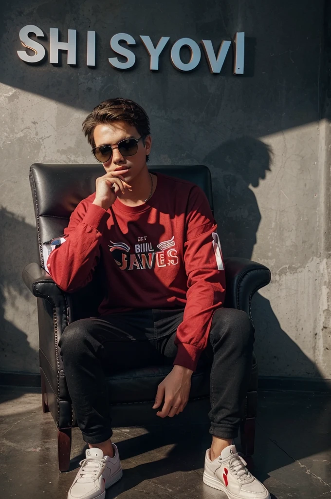 Create a 3d illusion for a Instagram profile picture where a boy in a shirt sits casually on a Wingback Chair. Wearing sneakers and sunglasses, he looks ahead. The background features “Your Name” in big and capital neon Red fonts on the black wall. There should not be his shadow, and there are wings to make it appear as if he is an angel