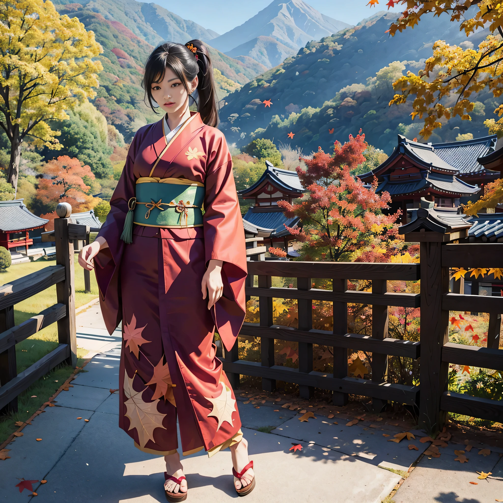Background of the details(morning sun(Mountain view))(Kyoto in Japan(colorful leaves:1.5)),Take a break ,elaborate costume(Luxury kimono(Colorful kimono(Detailed embroidery()))),Take a break,1 Beautiful and classy mature woman(actress of Japan:1.2)(Glossy dark hair(Ponytail:1.2))(Spread your arms.),Take a break,Wallpapers 16K,Blur the background,(table top:1.5), (best quality:1.5),(a portrait photo:1.5),(Whole Esbian:1.5)