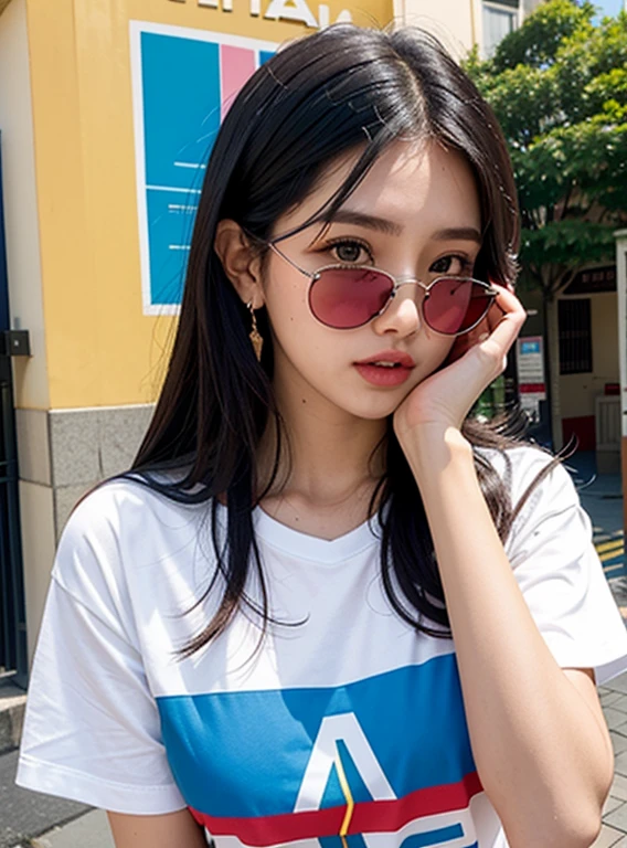 una adolescente, Usando auriculares, no one else in the background, facciones delicadas, Ojos grandes, usando gafas de sol, puente nasal alto, labios sexys, Lindos aretes, cuerpo sexy, 9 cabezas, golden ratio, golpes, cabello ondulado ligeramente rizado, cabello rosa claro, pecho grande de 100 cm, camiseta rosa estampada, pantalones calientes de mezclilla, zapatos de lona, estilo vintage, estilo de los 90, estilo nostalgia, comic style, portadas de revista Camiseta Pikachu pikachu camisa amarilla pechos grandes abdomen, una chica muy bonita,pelo azul claro,El fondo es una calle muy transitada.,Du Qiong,anime 5 dormir,computer graphics,baches arte,pecho grande y bonito,super big chest,pecho apretado,ropa ajustada,Vistiendo una camiseta ajustada de color azul claro.,Varias faldas celestes.,Paseo de la plaza,trazado de rayos,brillante,It's drizzling,primer plano de la parte superior del cuerpo,