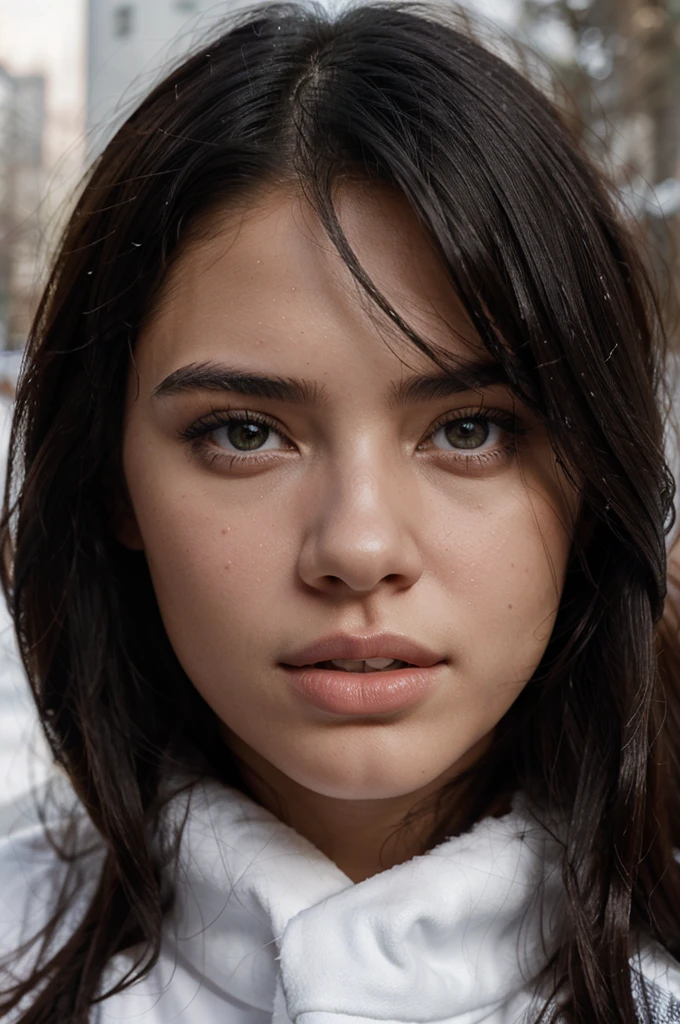 create a portrait of young 18 year old woman, face similar to adriana lima, black hair , winter