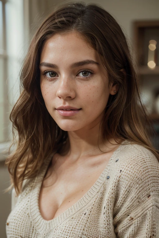 Beautiful brunette, freckles with blonde highlights wearing a beige sweater, highly detailed, 22 years old, , , innocent face, natural wavy hair, brown eyes, high resolution, Masterpiece, Best quality, Intricate high detail, Highly detailed, Sharp focus, Detailed skin, realistic skin texture, texture, detailed eyes, professional, 4k, charming smile, shot on Canon, 85mm, shallow depth of field, Kodak Vision Color, Perfect Fit Body , extremely detailed, photography_\(ultra\), Photorealistic, Realistic, Post-processing, maximum details, roughness, real life, ultra realistic, Photorealism, photography, 8k UHD, photography, busty