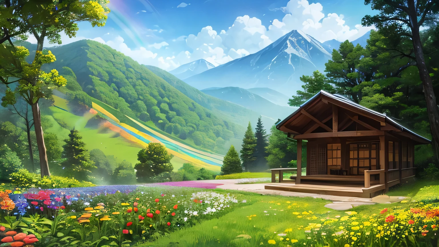 In the deep mountains and dense forests after the rain, You can see little mushrooms and many exotic flowers and plants growing on the ground. in the distance, you can see the rainbow hanging on the mountain.