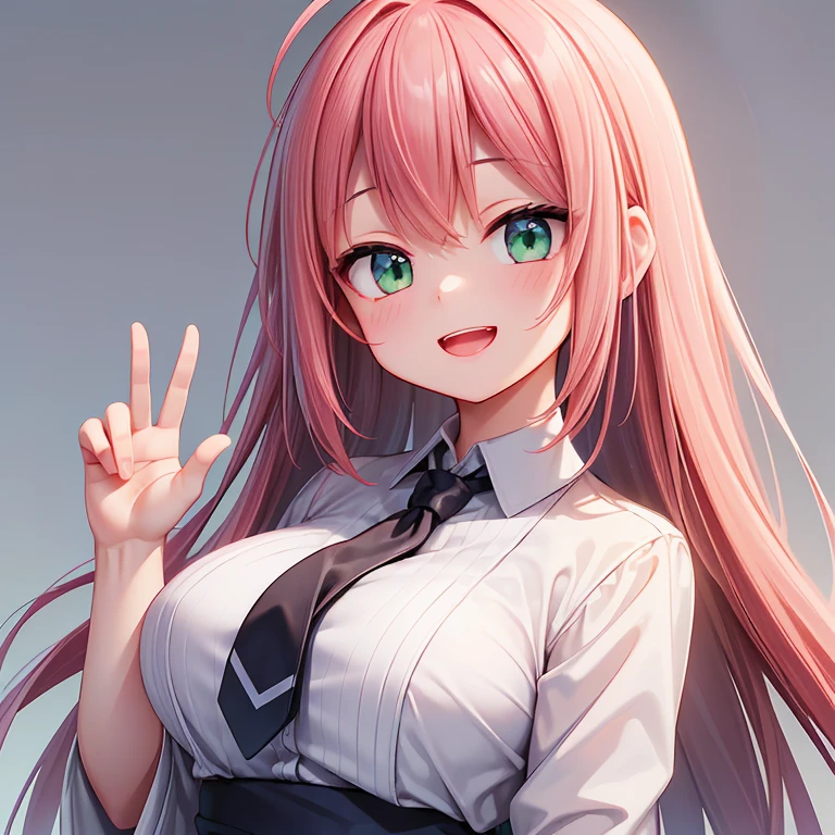 (masterpiece,best quality,detailed,8k,hires:1.3),realistic,portrait,(head to chest),(gray background),dynamic lighting,1girl,(solo),Japanese girl,16yo,colossal breasts,ultra cute girl,bloom,glowing,detailed face and eyes,very pretty face,(green eyes),big eyes,tareme,(ahoge),bangs,pink hair,long hair,white shirt,navy blue tie,(laugh:1.4),(smile:1.4),(open mouth:1.2),looks happy,(one hand up,detailed hand and finger,better hand,perfect hand and finger),(waving hand:1.4),