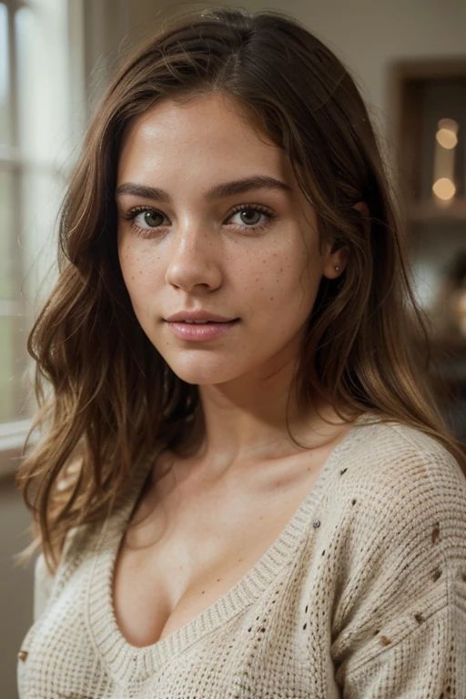 Beautiful brunette, freckles with blonde highlights wearing a beige sweater, highly detailed, 22 years old, , , innocent face, natural wavy hair, brown eyes, high resolution, Masterpiece, Best quality, Intricate high detail, Highly detailed, Sharp focus, Detailed skin, realistic skin texture, texture, detailed eyes, professional, 4k, charming smile, shot on Canon, 85mm, shallow depth of field, Kodak Vision Color, Perfect Fit Body , extremely detailed, photography_\(ultra\), Photorealistic, Realistic, Post-processing, maximum details, roughness, real life, ultra realistic, Photorealism, photography, 8k UHD, photography, busty