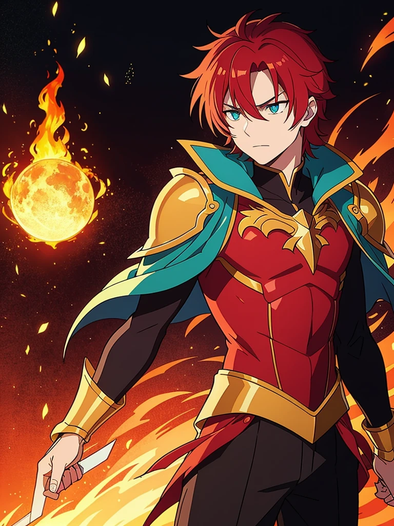 Leon Phoenixheart is a valiant figure with fiery red hair that cascades like flames down his shoulders. His piercing emerald eyes hold a resolute determination, reflecting the strength of his spirit. Leon dons a suit of golden armor adorned with intricate phoenix motifs, symbolizing his resilience and rebirth in the face of adversity.