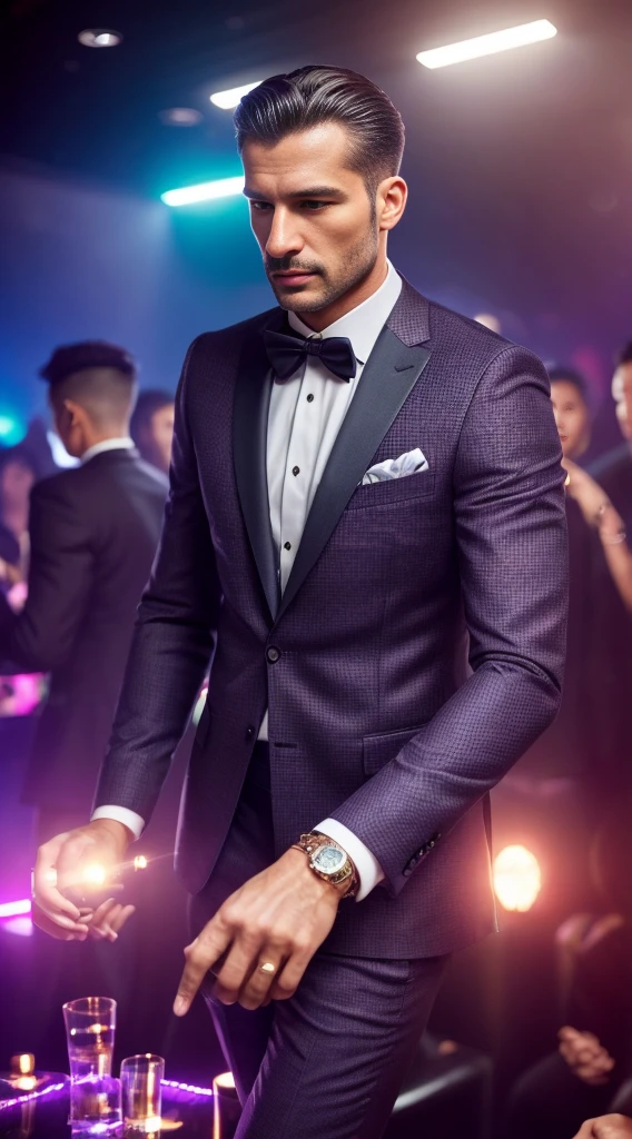 (a mature, attractive man dressed in a suit at a club with lots of lights),插图,realistic,pulsating dancefloor,wild party,expensive drinks,sharp focus,vibrant colors,stunning portrait,professional lighting,dynamic atmosphere,nightclub scene,high energy,dramatic shadows,breathtaking detail,sexy and confident expression,handcrafted masterpiece,ultra-detailed texture,revealing the essence of nightlife,endless possibilities,stylish and luxurious vibes,mysterious ambiance,modern and stylish setting,impeccable grooming,suit tailored to perfection,sophisticated charm,mature and refined gentleman