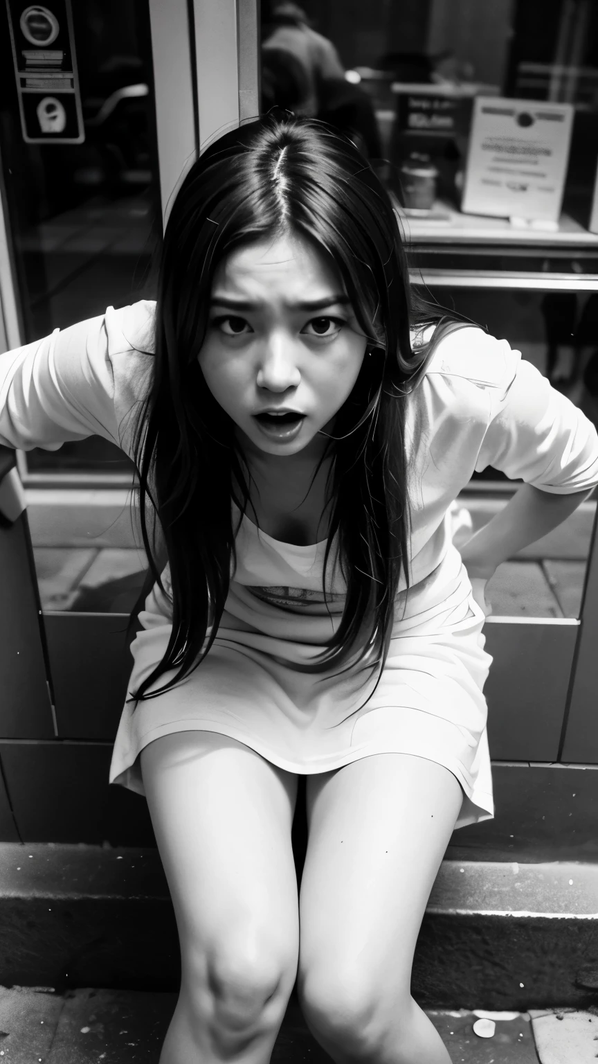 A long hair girl, get to pee in the public, can't hold anymore, horny face