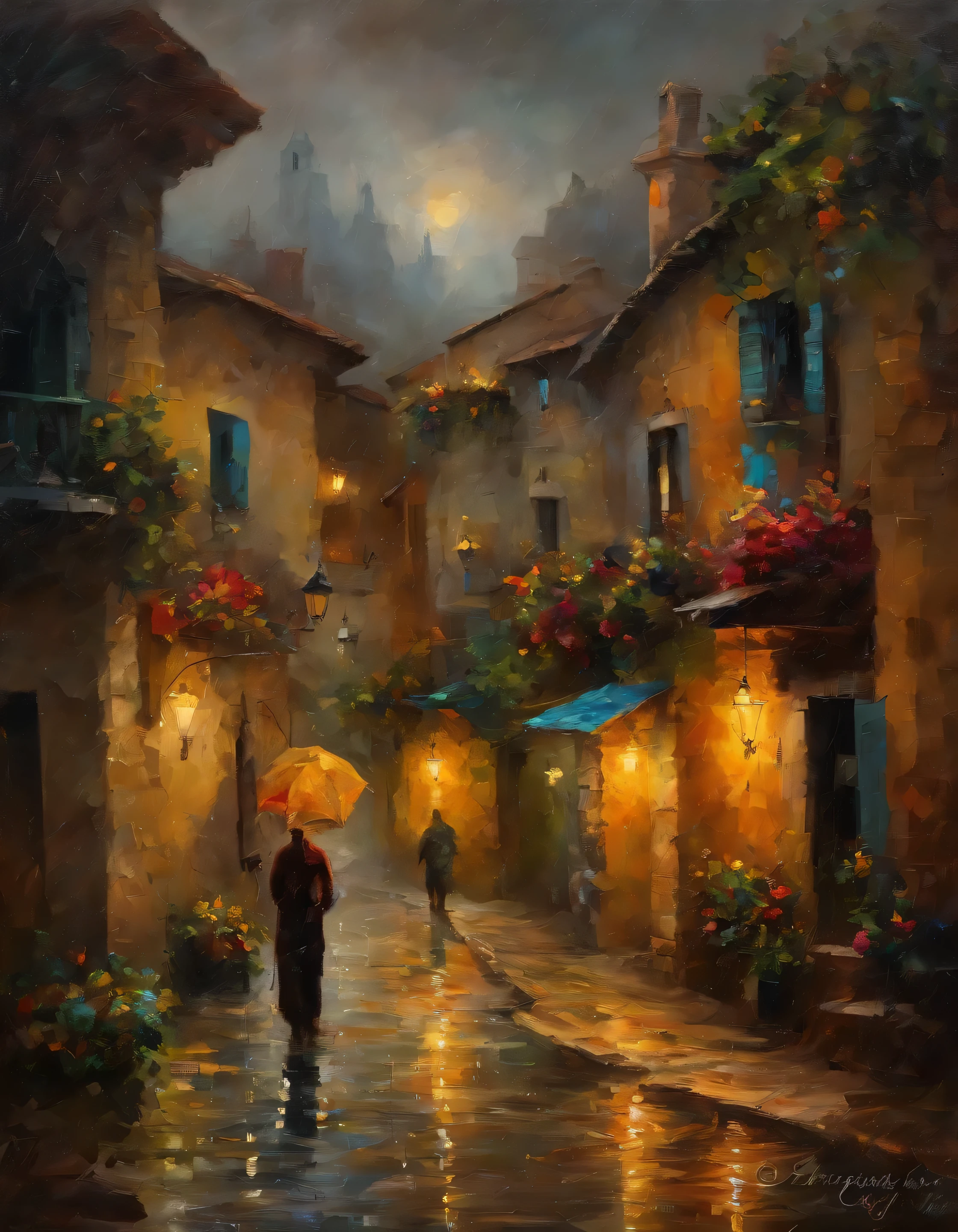 Personal view of a village with lots of lights on the buildings, Cidade interiar da inglaterra, english village, amazing wallpaper, Cidade inglesa , Vila inglesa, foto hiper realista de uma cidade, velho english village, por Raymond Han, noite chuvosa, castelo antigo cyberpunk, beautifully lit buildings, at evening during rain, beautiful and aesthetic, fotografia, cinematographic, 8k, altamente detalhado ((chuva pesada)))
