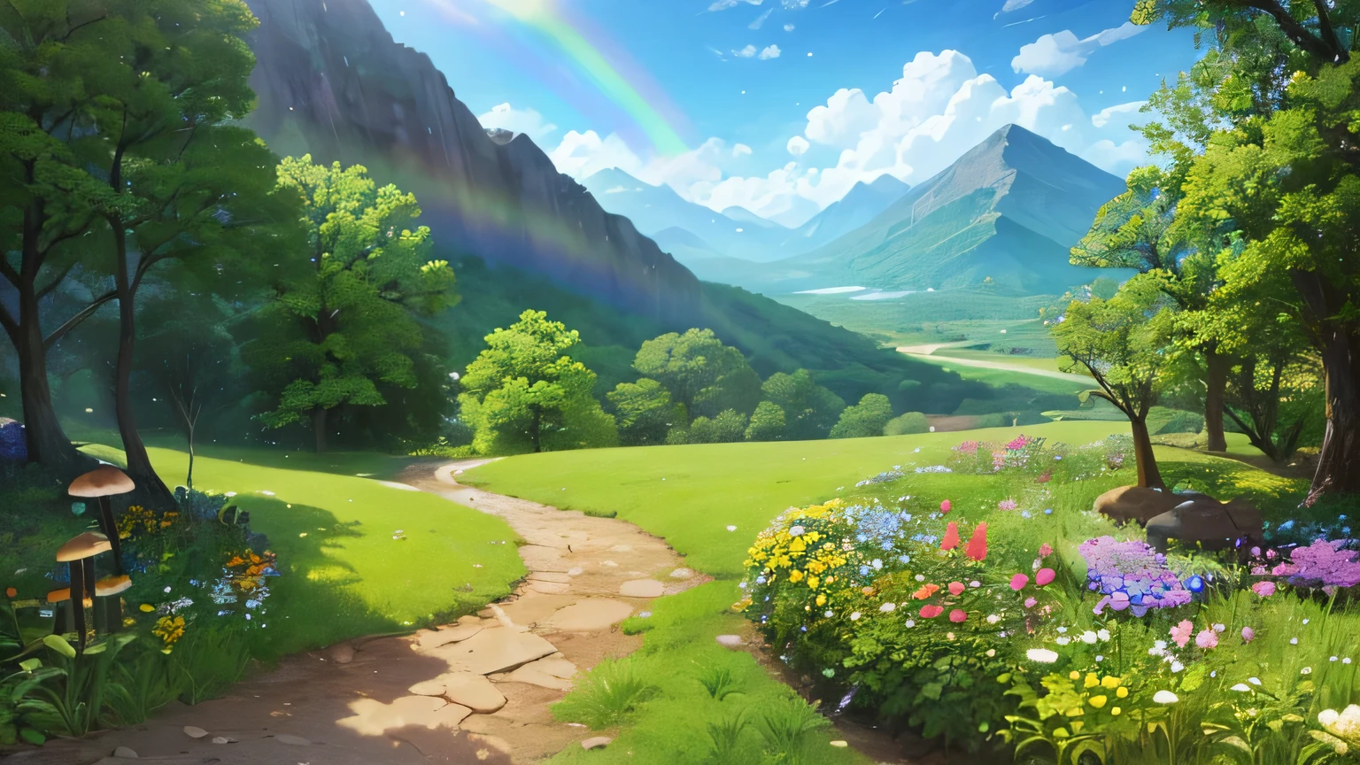 In the deep mountains and dense forests after the rain, You can see little mushrooms and many exotic flowers and plants growing on the ground. in the distance, you can see the rainbow hanging on the mountain