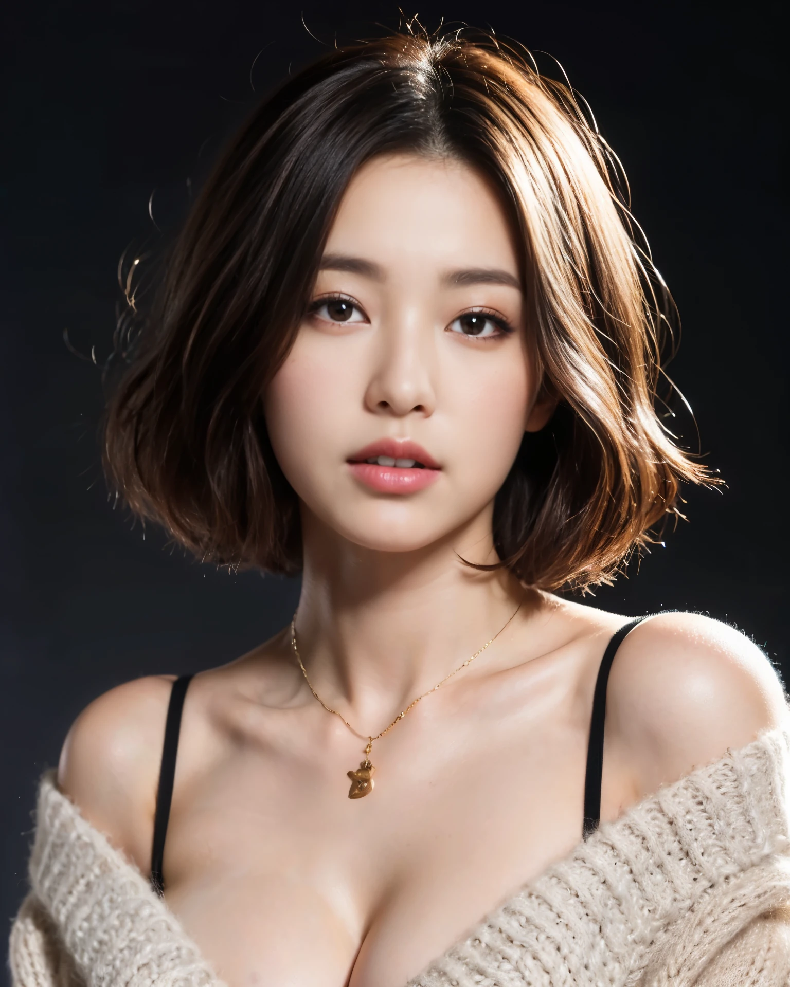 (Best quality, 8k, 32k, Masterpiece, UHD:1.2),Photo of Pretty Japanese woman, large breasts, very short bob hair,upper body,(oversized_sweater,:1.1) necklace, simple background, looking at around