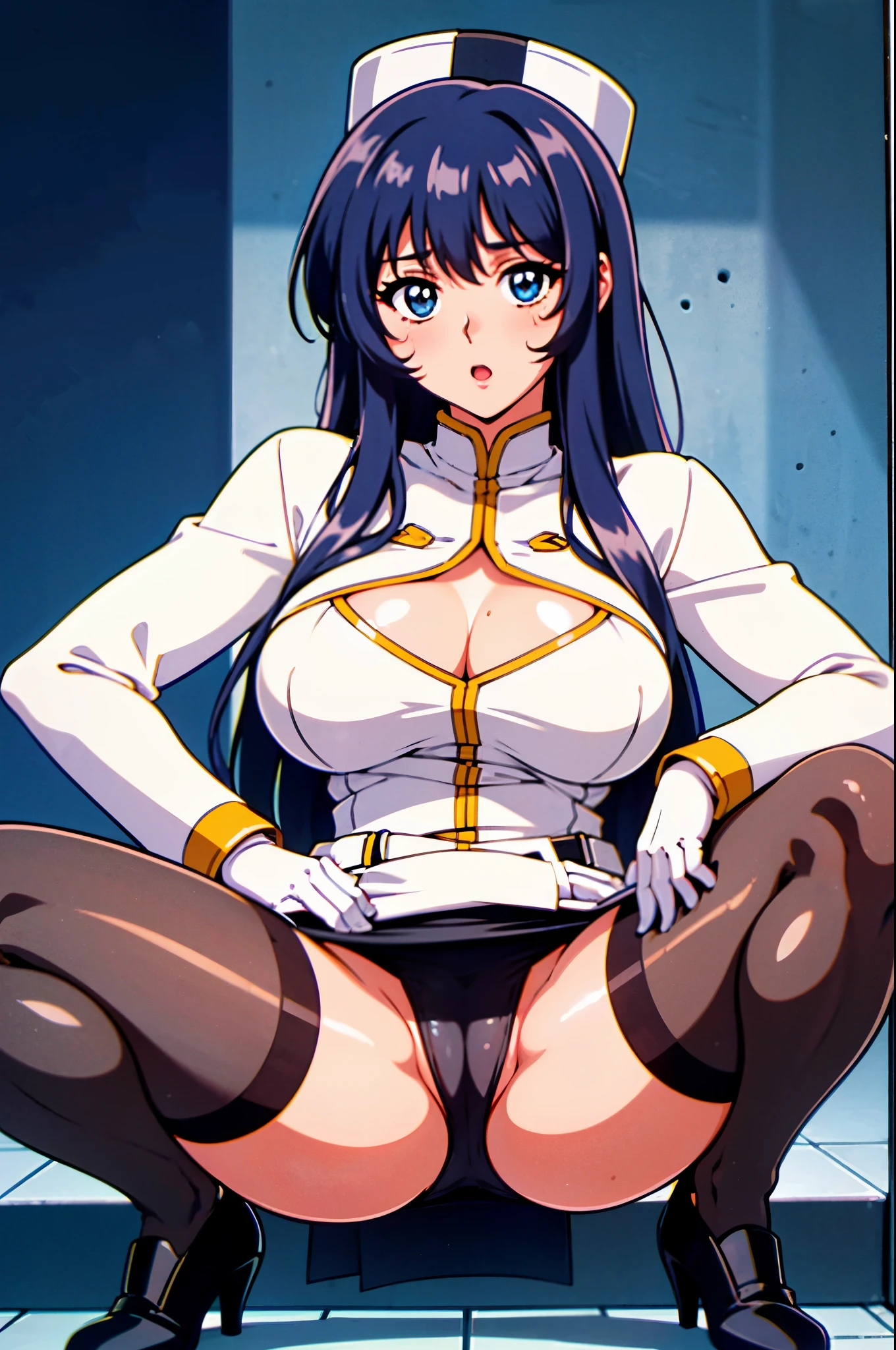 美しい, 傑作, 最高品質, 非常に詳細な顔, 完璧な照明, 1女の子, 一人で, yurika misumaru \(nadeshiko\), (20 year old woman), blue long hair, blue eyes, innocent big eyes, large breast, hat, white uniform, skirt suit, cape, gloves, pencil skirt, pantyhose, high heels,(((squatting))),((spread legs)),from front,front face,glamorous,curvy, Leggy,Tall,Statuesque,hanging breasts, 1 grandma,bashful, looking at viewer,(((panties under pantyhose))),black pantyhose,black stocking,black panty,nipple,