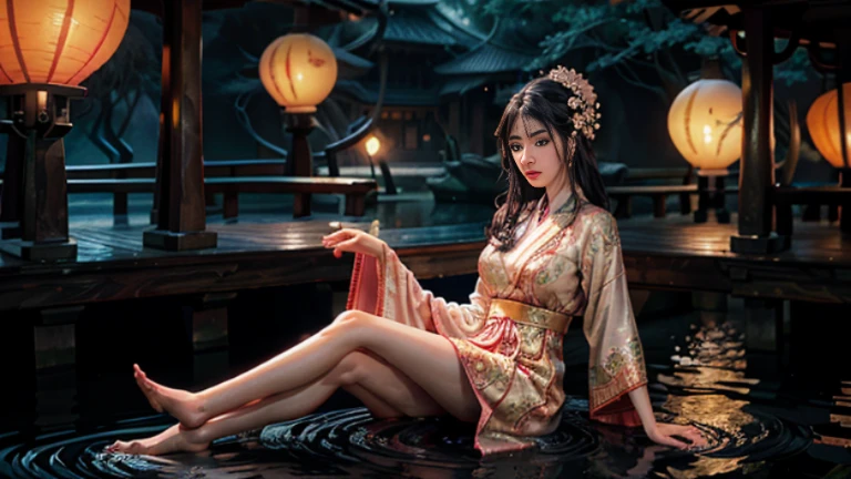Sitting on a bridge full of river lanterns, Feet playing with water, Art is、It depicts an attractive woman in flowing clothes, silky traditional oriental dress, pink, Decorated with intricate patterns and bright colors. Her dress elegantly covers her curvaceous figure, Highlight her enchanting silhouette. She sits gracefully by the calm lotus lake, her Feet playing with water, illuminated by the soft moonlight. The scenery creates a fantastic and dream-like atmosphere., Combines mystery and sexiness. A graphic style that combines watercolor and digital illustration techniques.、Evoking sophisticated beauty and charm。. The light is filled with soft moonlight, Casts soft highlights and shadows on her attractive features. naked thighs, big breasts, young facial features, sitting, feet pointing upwards, long hair