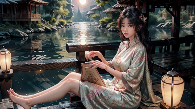 Sitting on a bridge full of river lanterns, Feet playing with water, Art is、It depicts an attractive woman in flowing clothes, silky traditional oriental dress, pink, Decorated with intricate patterns and bright colors. Her dress elegantly covers her curvaceous figure, Highlight her enchanting silhouette. She sits gracefully by the calm lotus lake, her Feet playing with water, illuminated by the soft moonlight. The scenery creates a fantastic and dream-like atmosphere., Combines mystery and sexiness. A graphic style that combines watercolor and digital illustration techniques.、Evoking sophisticated beauty and charm。. The light is filled with soft moonlight, Casts soft highlights and shadows on her attractive features. naked thighs, big breasts, young facial features, sitting, feet pointing upwards, long hair