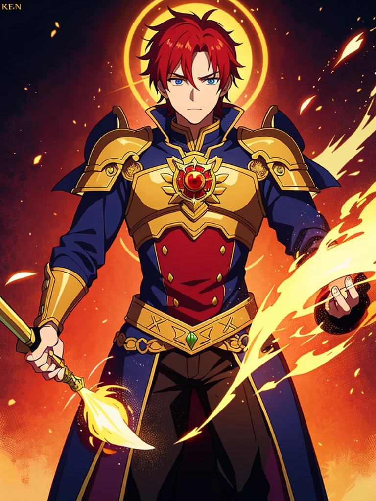 Leon Phoenixheart is a valiant figure with fiery red hair that cascades like flames down his shoulders. His piercing emerald eyes hold a resolute determination, reflecting the strength of his spirit. Leon dons a suit of golden armor adorned with intricate phoenix motifs, symbolizing his resilience and rebirth in the face of adversity.