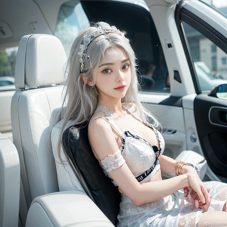 Enchanted woman happy to raise her hand Perfect beauty Beautiful white skin Beautiful eyes Lustrous lips Lovely smile White hair sitting on Bikini futuristic ta outfit designed in white and black Functional head phone Inside the spacecraft