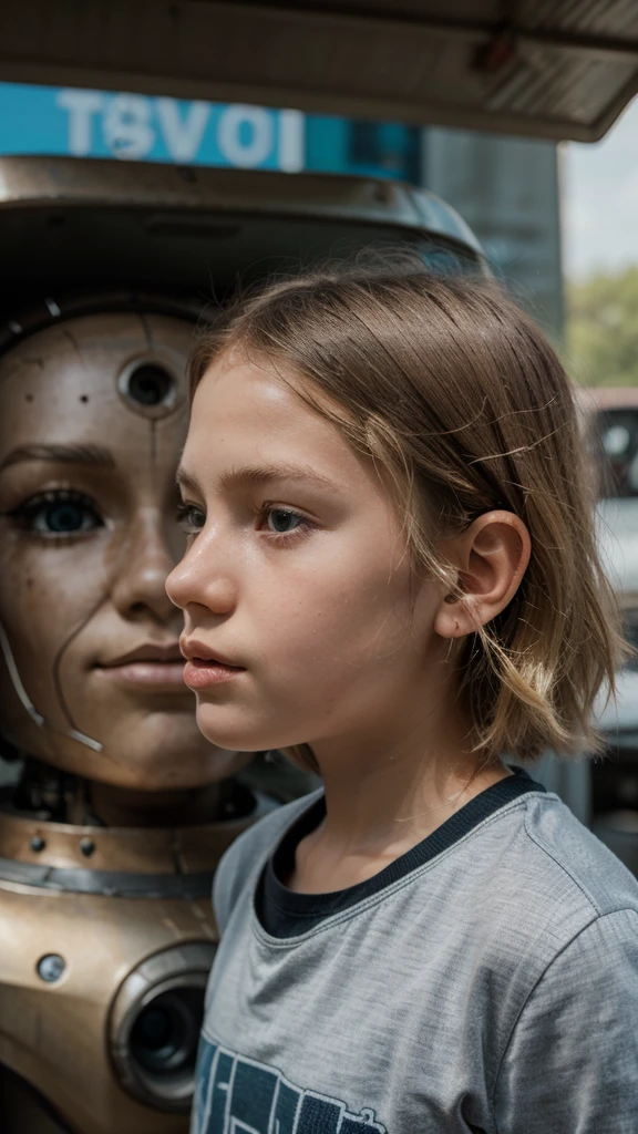 beautiful  8 year ostanding in front of a worn robot staring into each other's eyes, photorealism, photographic look, RAW style, highly detailed, ultra high definition