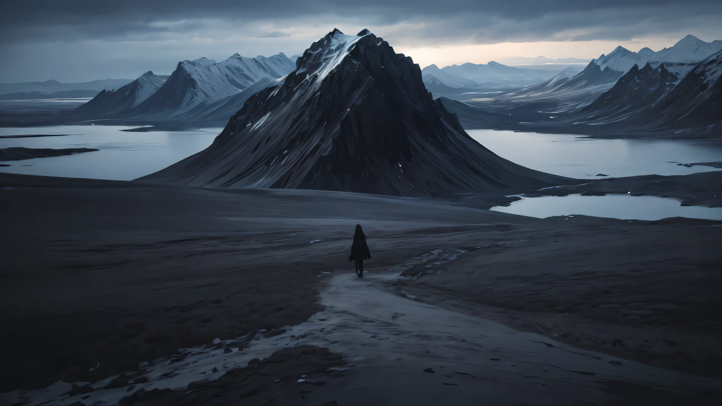 hopeless landscape, dark fantasy, beautiful landscape, masterpiece, tundra, dark sky, hopeless girl, cold atmosphere