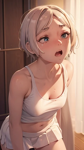 (Highest quality:1.5, High resolution, uhd, 4K, Detailed lighting, Shaders), 　(artoria pendragon),NSFW solo short hair short hair,ponytail　Green Eyes　Cool face　　((White track and field uniform))++　Sports bra with a small area　Realistic sun rays　 Sweat　Super oily skin　Beautiful Abs　Realistic lockers　 1girl, (nsfw:1.0), Spread your legs, seat, Elevate your legs, nude, (Pussy Focus:1.0) Sweat, Shiny skin, Heavy breathing, ( Sex, sexual intercourse, Insert, Hetero, Motion Lines, Motion Blur, Talking Spirit:1.1), (Lying, Lying on your back, bed,Subjective:1.1)blush　depressed　Face distorted by pleasure　Resisting Pleasure　Blushing cheeks　wet Nipples licked　Overflowing body fluids　Spurting body fluids　((Lean back)) (((Ecstasy)))++